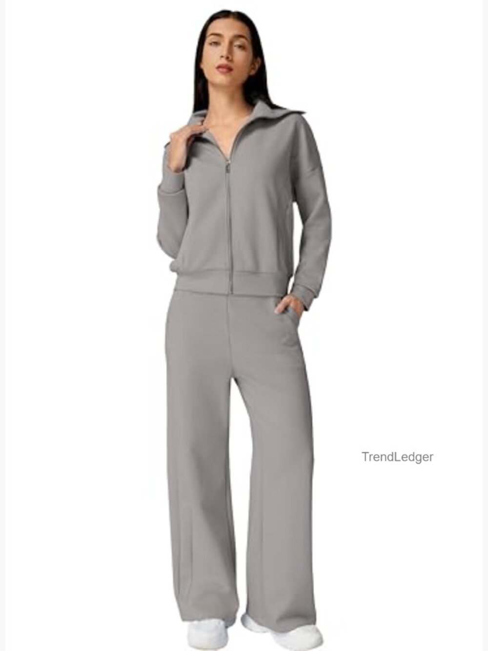 Women's 2 Piece Tracksuit Set Long Sleeve Zip Up Sweatshirt Wide Leg Pants - Picture 3 of 7